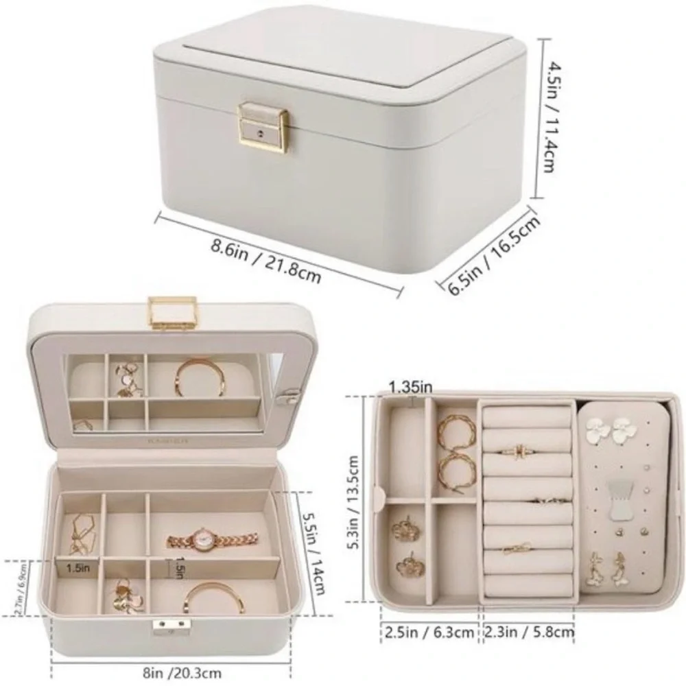 Kamier 2-Tier Beige Jewelry Box with Mirror
